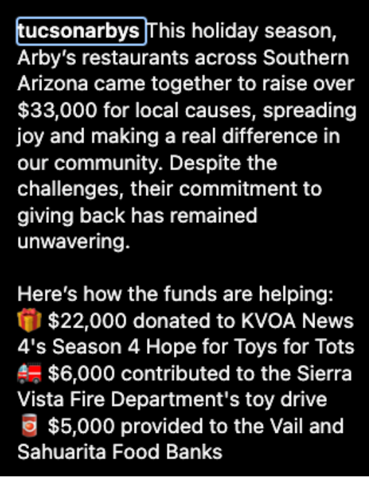 Arby's campaign post explaining how more than $33,000 supported local causes