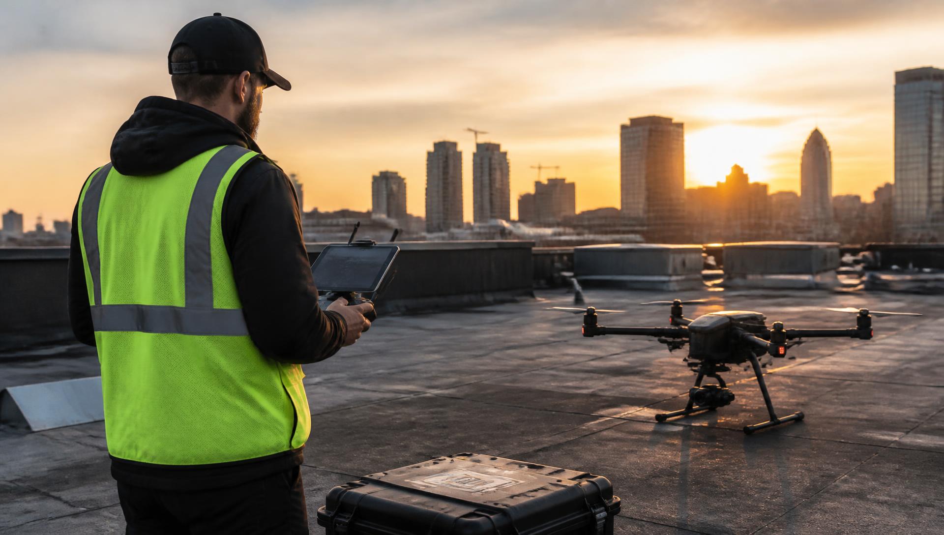 Certified drone operator preparing a commercial aircraft for an aerial assignment