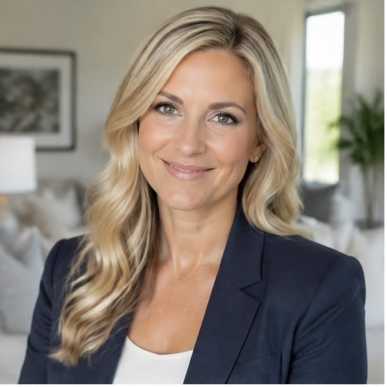 Blonde woman realtor photographed inside a modern home