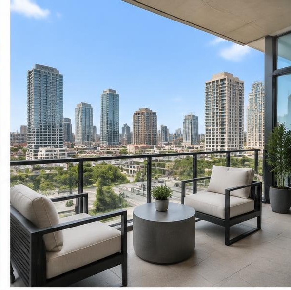 Urban condominium balcony and skyline view