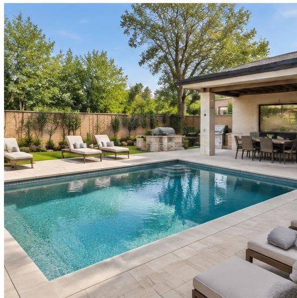 Residential backyard pool and covered patio