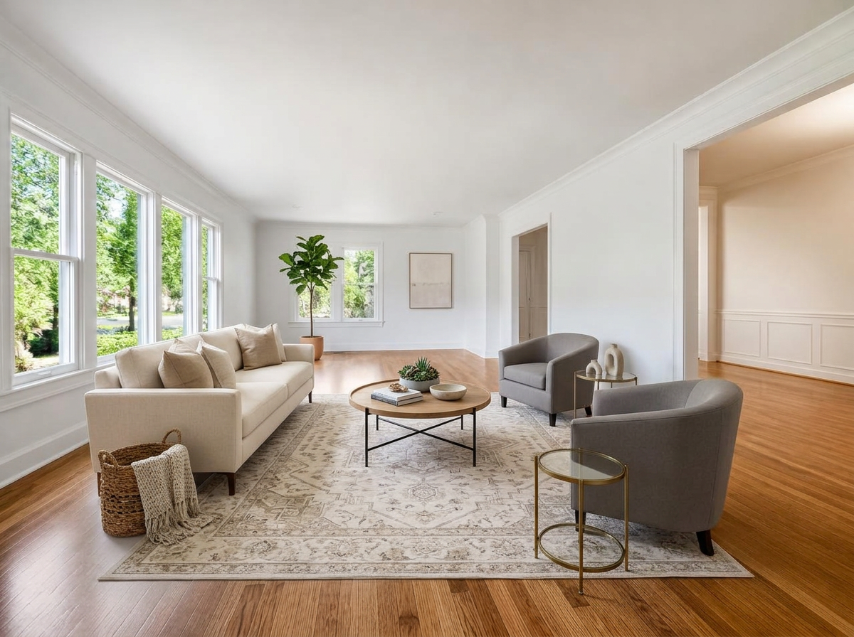 Living room digitally furnished through virtual staging